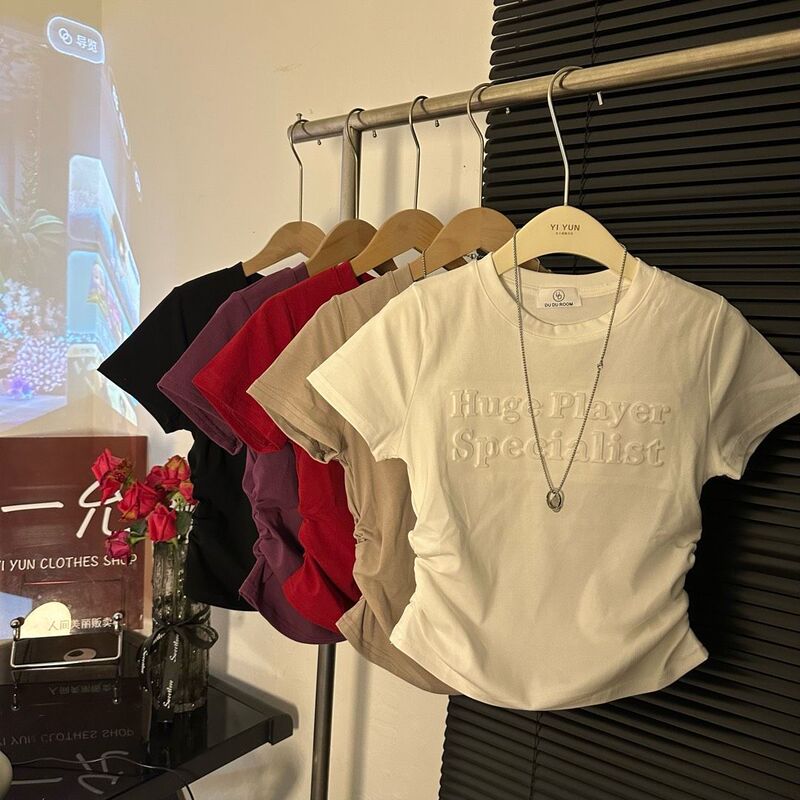 Three-Dimensional Foam Printed Right Shoulder Short-Sleeved T-Shirt for Women Summer Design Pleated Slim Waist Short Top