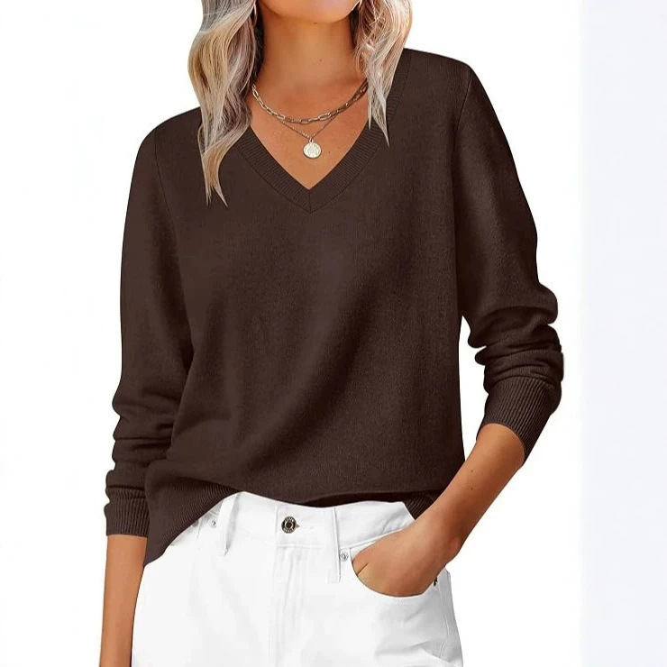 Women's Long-Sleeve V-Neck Sweater, Fall 2026 Casual Classic Style, Soft Loose Pullover, Elegant and Fashionable