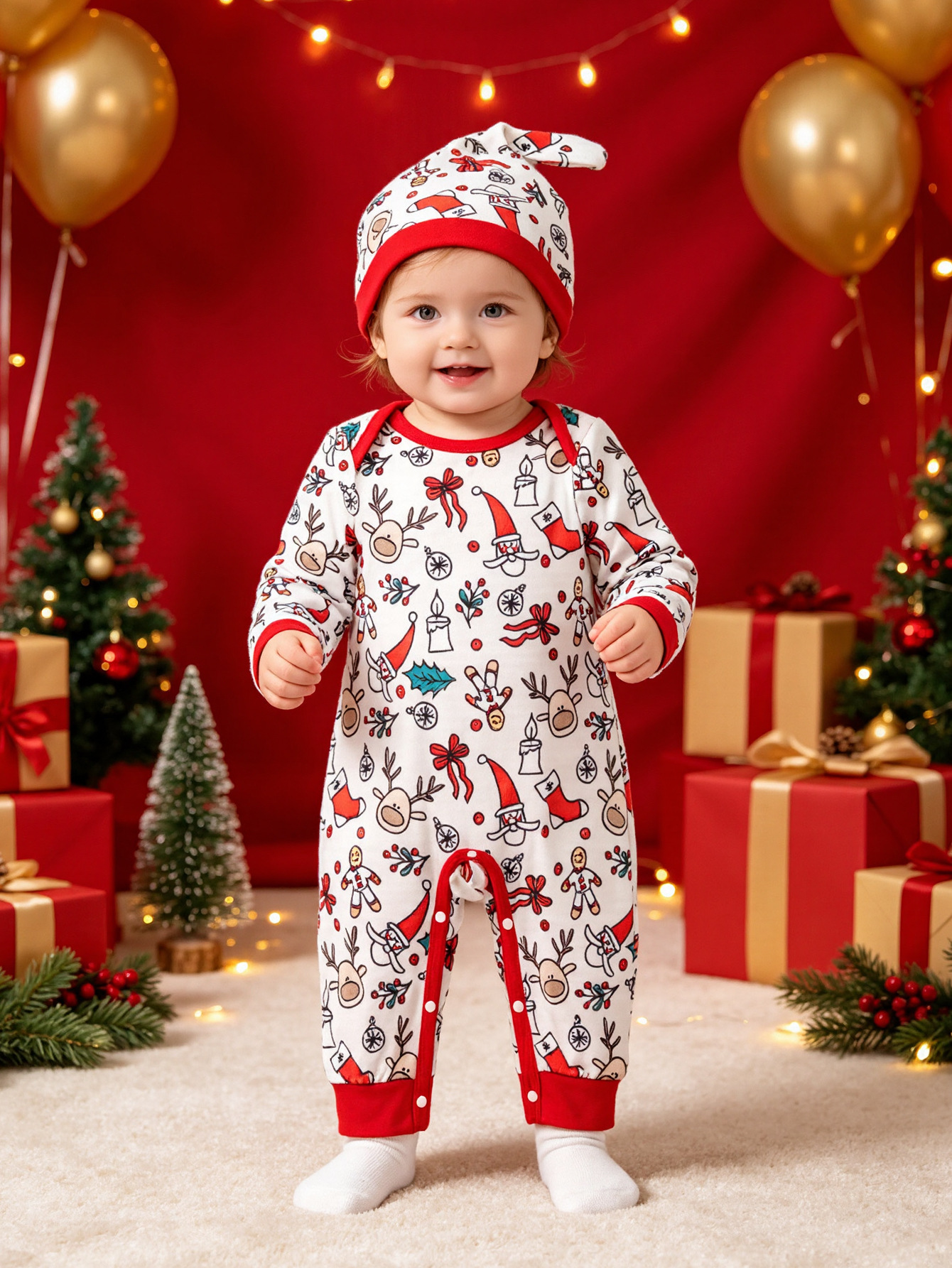 Christmas Children's Clothing Long-Sleeved Baby Jumpsuit Hat Set with Full Print of Christmas Elements Baby Romper Holiday Outfit