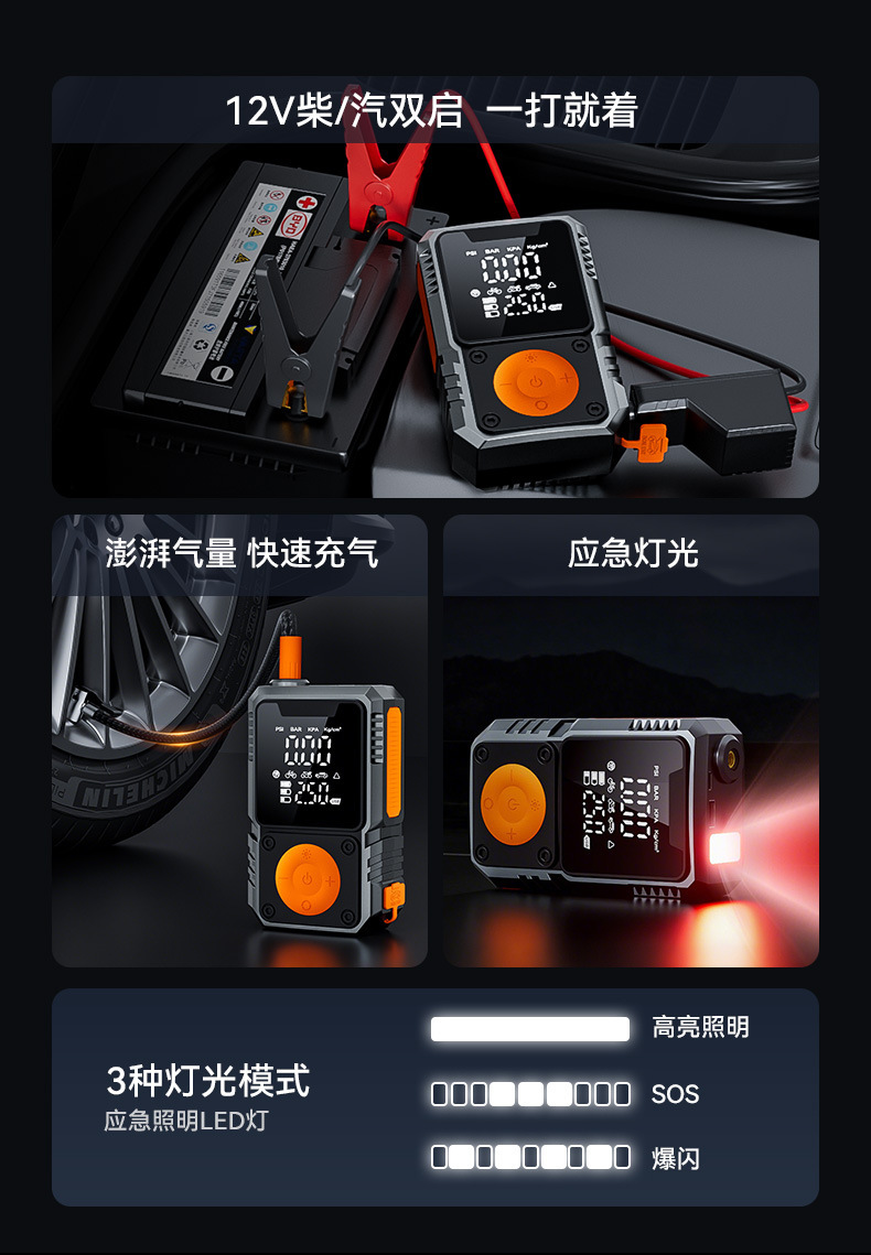 Car Air Pump, Smart Digital Display, Wireless Tire Pump, Car Battery Loss Emergency Starting All-In-One Machine