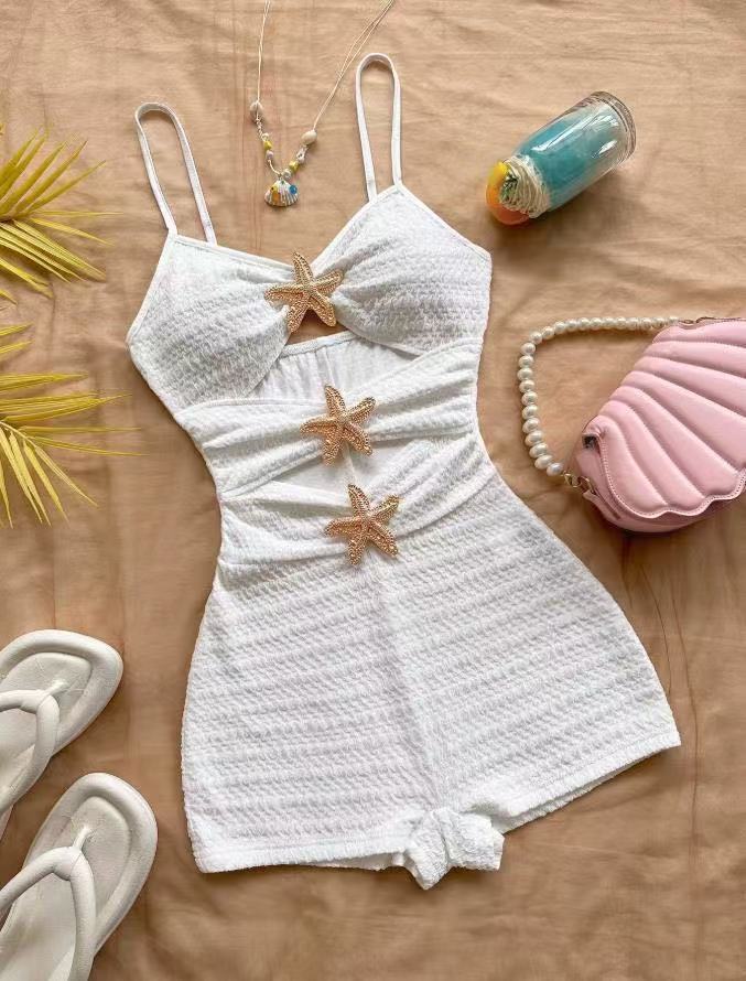 Textured Ruffle Strap One-Piece Swimsuit With Starfish Accent, Cutout Waist Design For Women's Vacation Hot Spring Wear_ecoleips.com