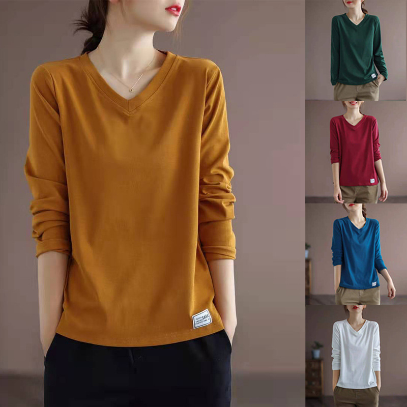 Spring and Autumn Loose Casual Long-Sleeve Slimming White T-Shirt Versatile Plus-Size V-Neck Pullover Base Layer Top for Women