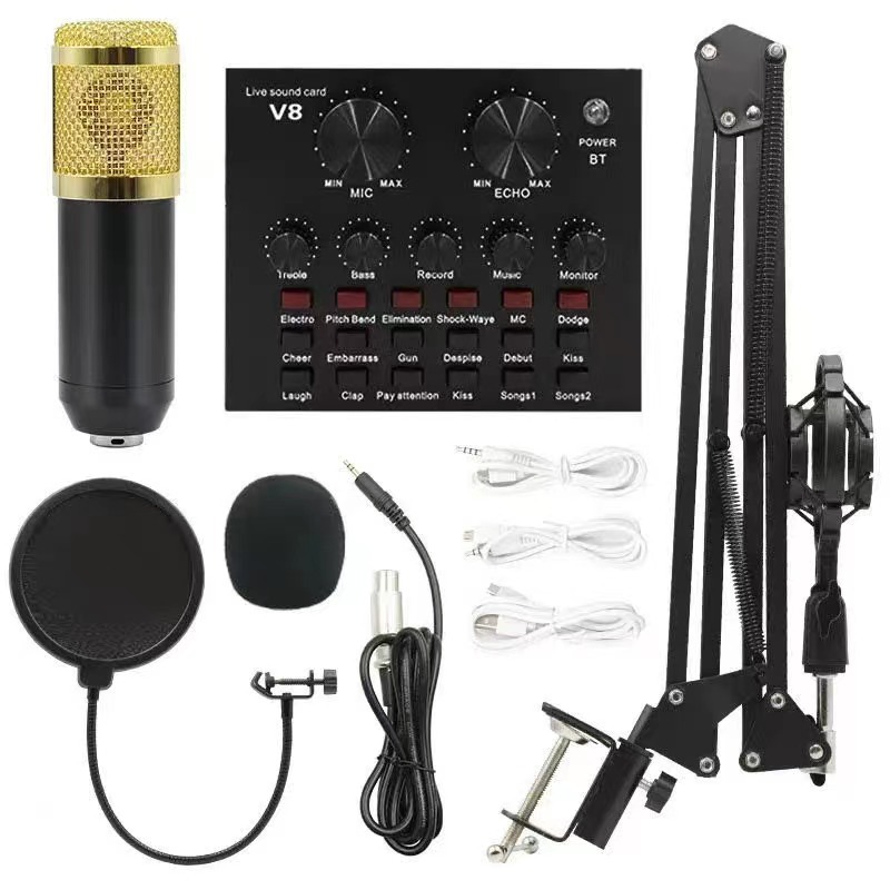 Micrófono BM800 con soporte, set para transmisión en vivo, micrófono para computadora, tarjeta de sonido para grabación, juegos, karaoke, micrófono de condensador con reducción de ruido