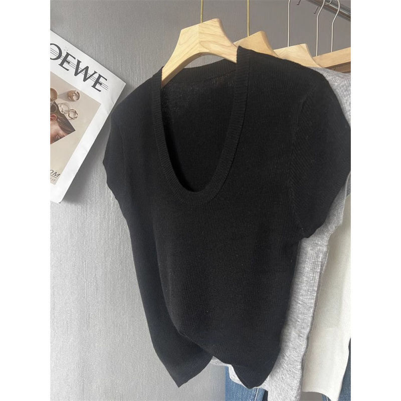夏の氷糸の肩のtシャツの女性の薄いタイプのニットの小さいシャツの半袖のファッションは年齢を減らします。|undefined