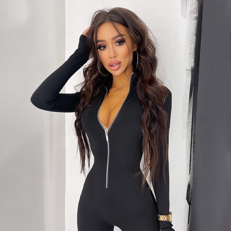 Simple Solid Color Long-sleeved Zipper Waist Slimming Sports Yoga Jumpsuit Women display picture 2