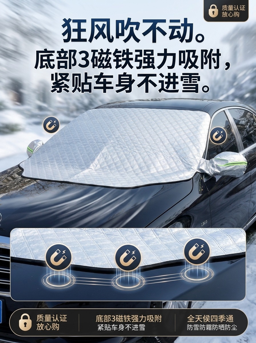 Car snow cover for front windshield, thickened anti-freeze and anti-frost sunshade, universal 5-magnet car cover half cover