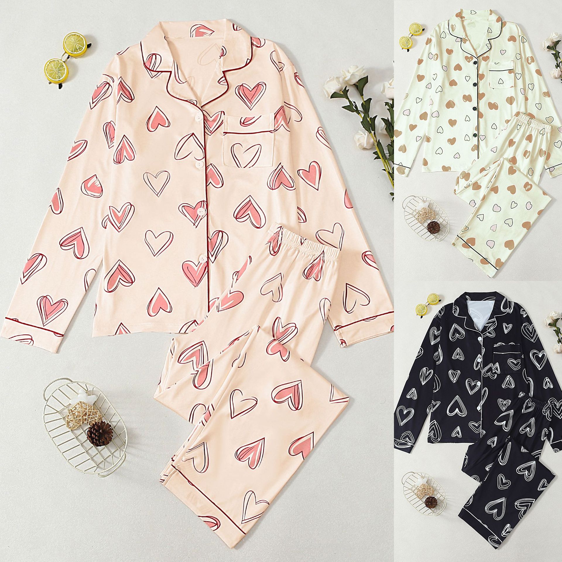 Conjunto de pijama de solapa para mujer: camiseta de manga larga y pantalón largo con estampado de corazones, ropa acogedora para el hogar._voghion.com
