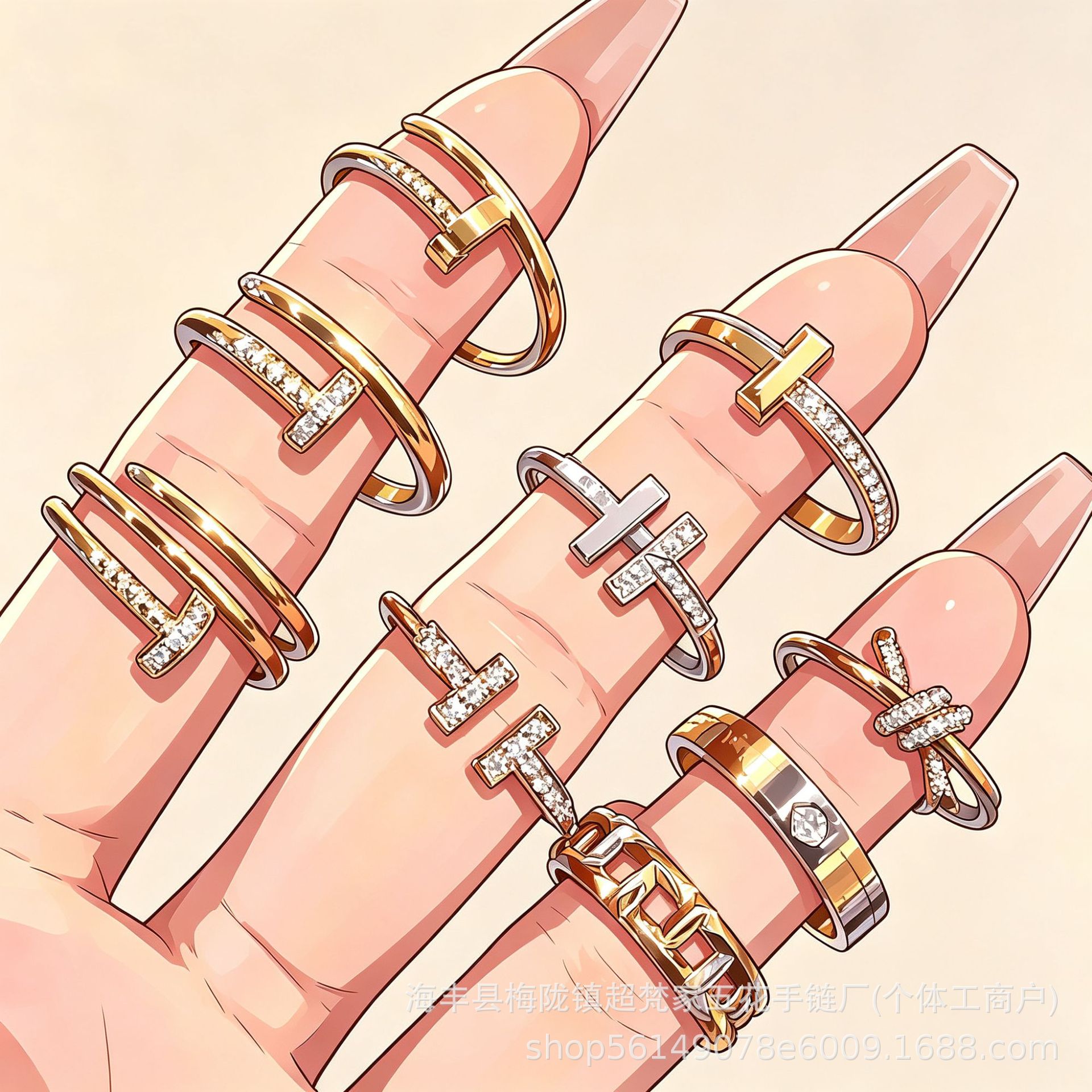 Tiga nail ring for men and women, high-end 18K gold plated, fashionable and light luxury, T-style knot double T1 diamond-studded stackable ring