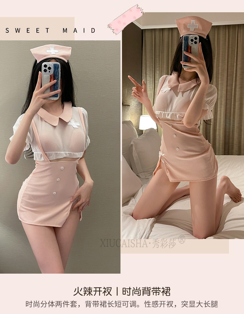 Xiuaisha Nurse Roleplay Lingerie Set with Sheer Gauze Slit Skirt and Open Shirt — detail image 13