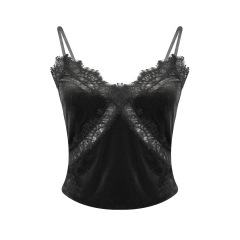 冬日小心機 黑色蕾絲邊絲絨吊帶背心女秋冬內搭