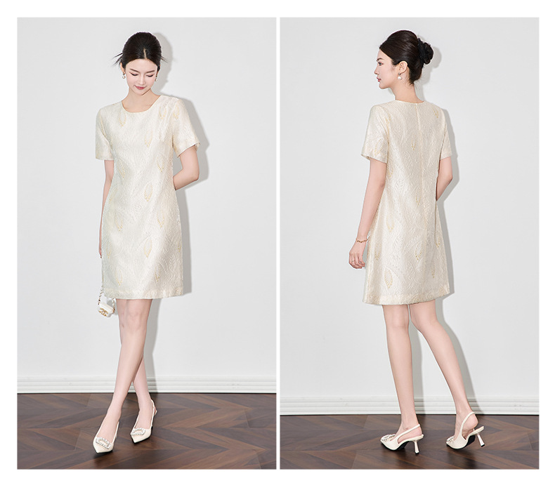 Váy ngắn tay nữ họa tiết jacquard mạ vàng phù điêu thanh lịch — Màu xanh lam chi tiết 14