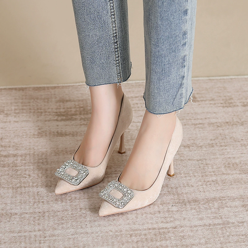 Stiletto pointed-toe high heels, rhinestone square buckle, solid black, work & commuter style