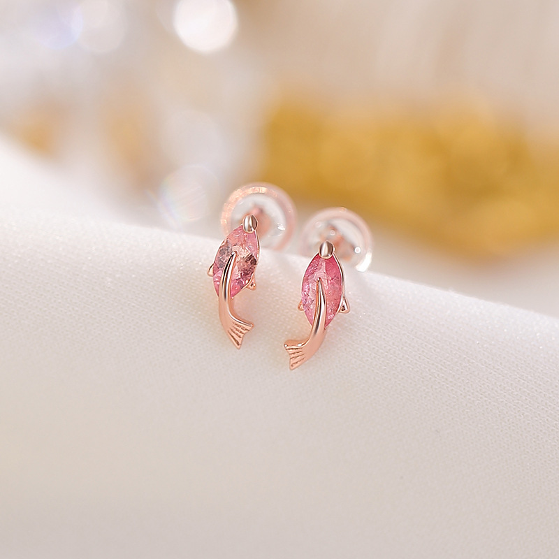 Bông tai bạc S925 mạ vàng hồng đính tourmaline phong cách Trung Hoa — Một cặp (màu tourmaline ngẫu nhiên)