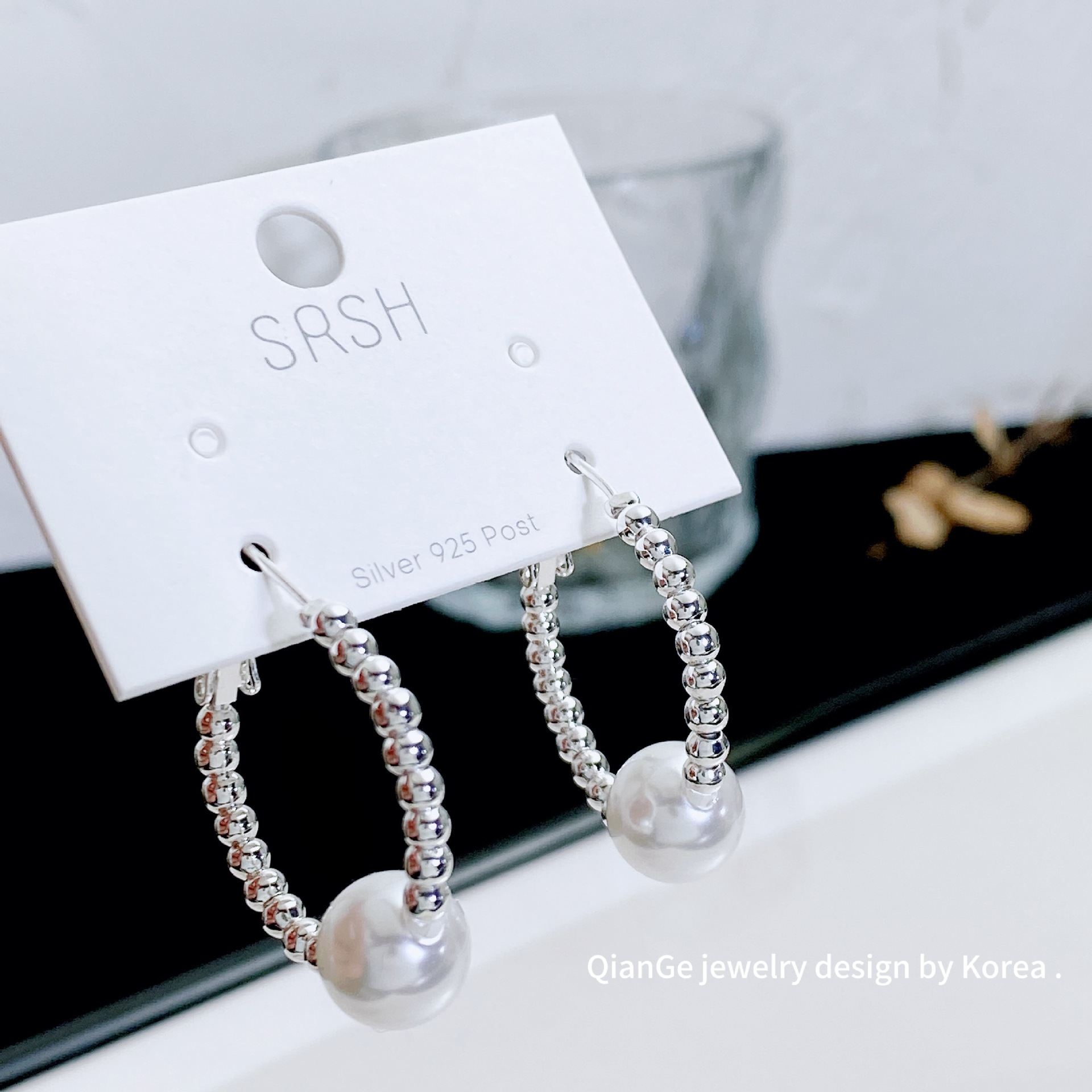 上人上禾SRSH 时尚小球串接珍珠圈圈耳环女 s925银针气质百搭耳圈