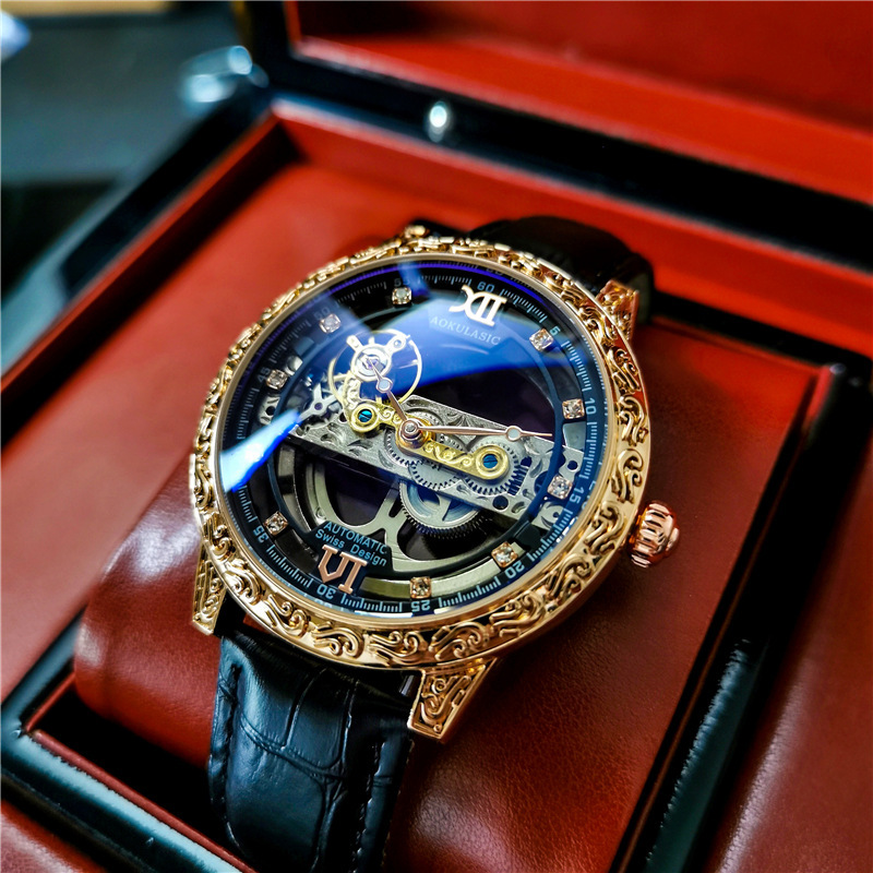 Oglas AOKULASIC reloj mecánico automático de los hombres de doble cara hueco tallado vintage impreso reloj 2120