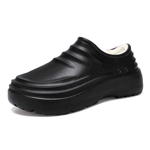 Men's Autumn/Winter New Anti-Slip Waterproof Fleece-Lined Warm Chef Shoes with Toe Cover, Cotton Slippers for Men