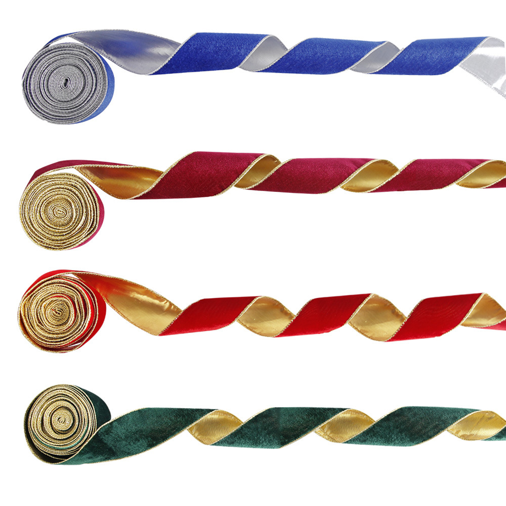 2024 new green red and blue flocked Christmas ribbon Christmas decoration Christmas tree gift box packaging webbing ribbon