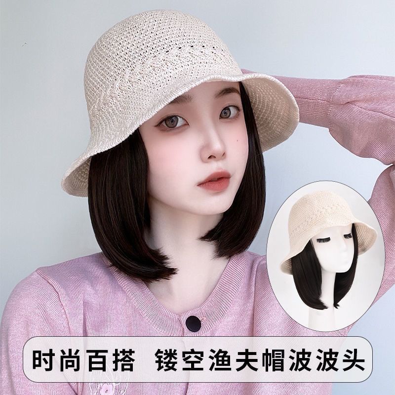 Spring and summer hat wig all-in-one women's hollow breathable fisherman hat Bobo head wig hat clavicle hair wig hat