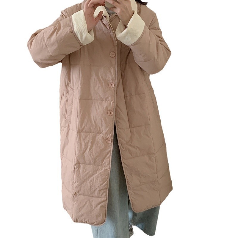 羽绒棉服女中长款过膝冬新款韩版轻薄寸衫领宽松显瘦棉服外套|undefined