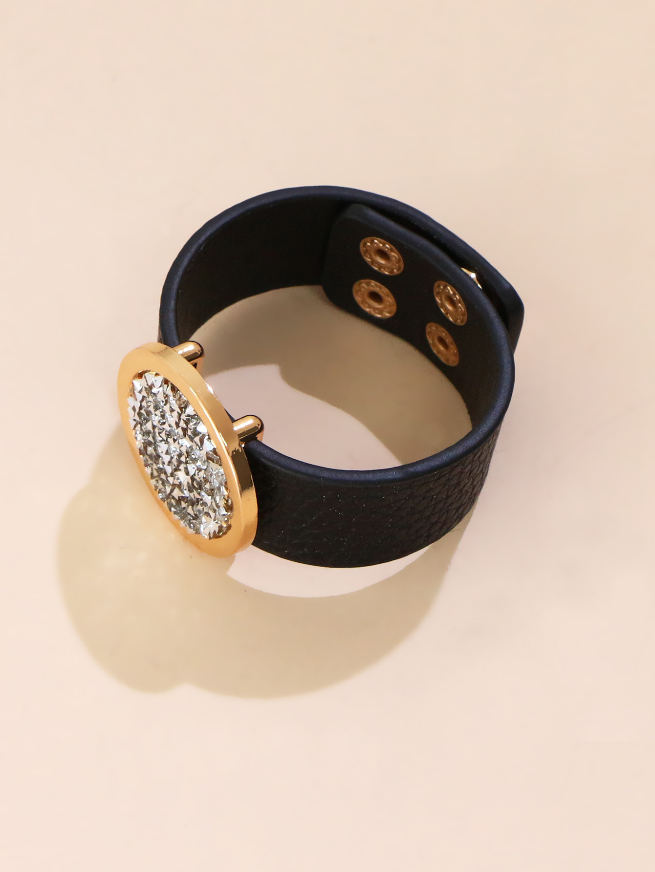 Retro Adjustable Round Metal Bracelet Rhinestone Imitation Leather Bracelet