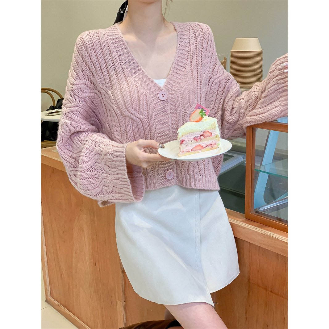 [Real Shot] estilo suave cuello en V Twist lana de punto cardigan mujeres perezoso suelto casual corto manga larga suéter