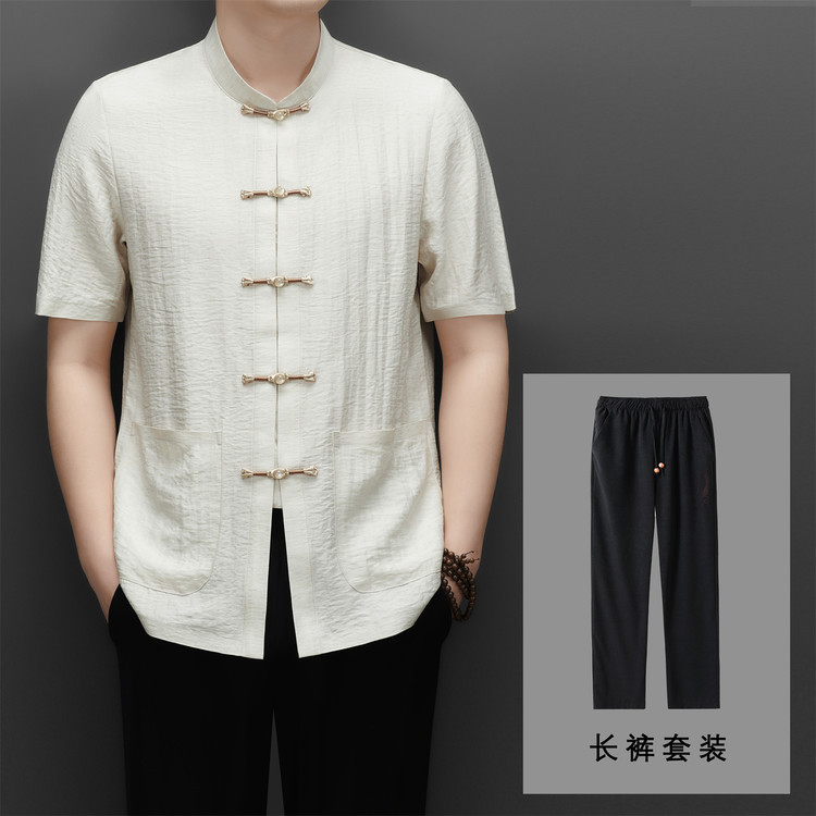 唐装男中老年2026夏季中国风爸爸装中式盘扣短袖老人服套装薄款