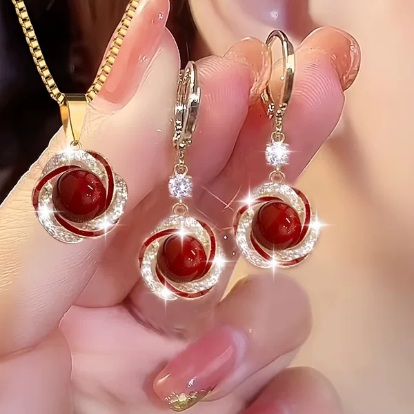 European and American Cross-Border Popular Red Zircon Rotating Flower Jewelry Set, Light Luxury Style Red Agate Necklace and Earrings Two-Piece Set