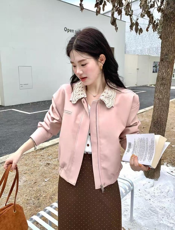 火火火桃雾心笺韩版粉色气质领口拼接皮衣显白气质显瘦新款外套|undefined