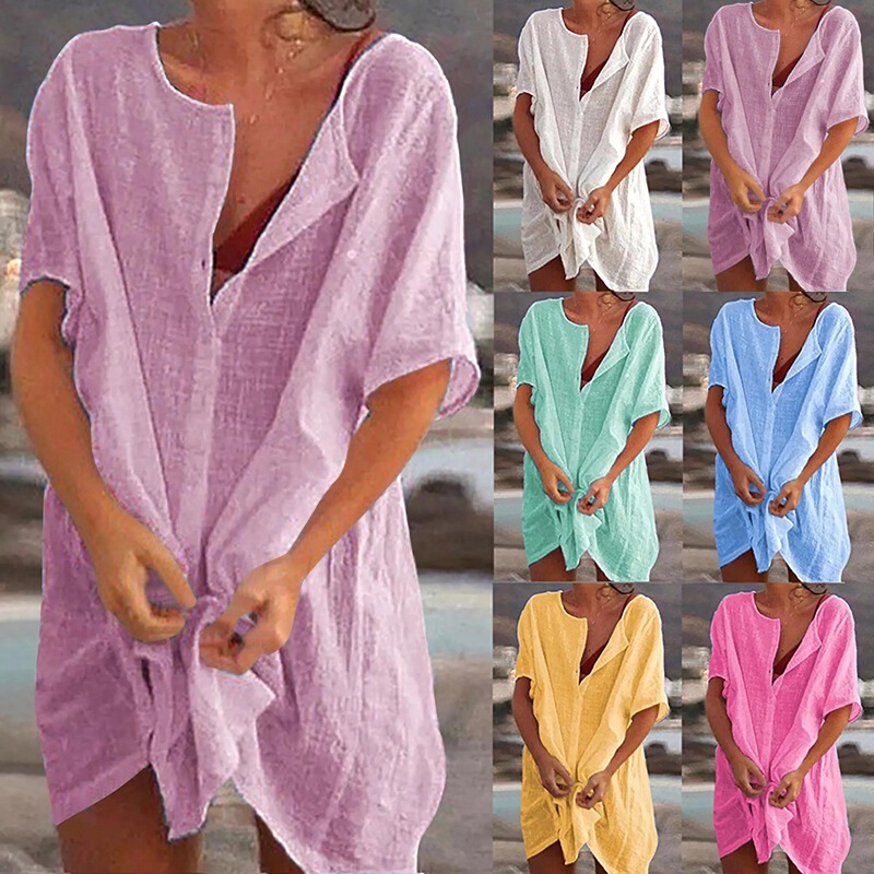 Factory Direct Sales Cross-Border Foreign Trade European and American Clothing Shirts Multi-Color Multi-Size Mid-Length Loose Solid Color Short-Sleeved Shirts for Women Factory Direct Sales Cross-Border Foreign Trade European and American Clothing Shirts Multi-Color Multi-Size Mid-Length Loose Solid Color Short-Sleeved Shirts for Women
