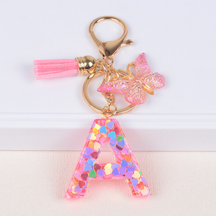 Cross-Border Love Sequin Initials Keychain Wholesale Resin Letter Butterfly Tassel Keychain Available