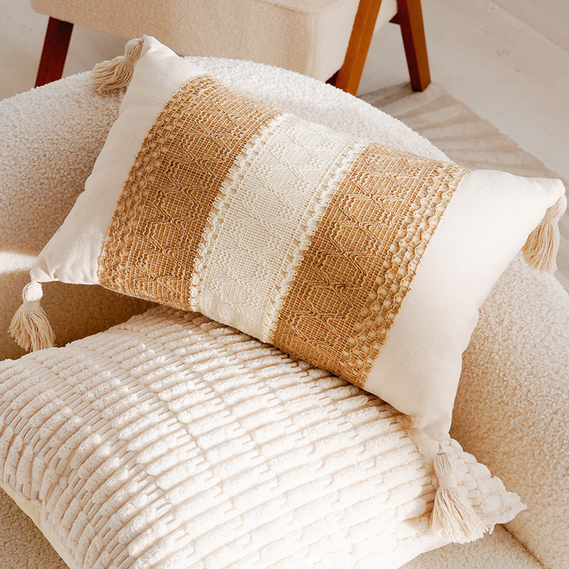 Funda de almohada rectangular de 30x50cm de doble raya marrón hecha a mano