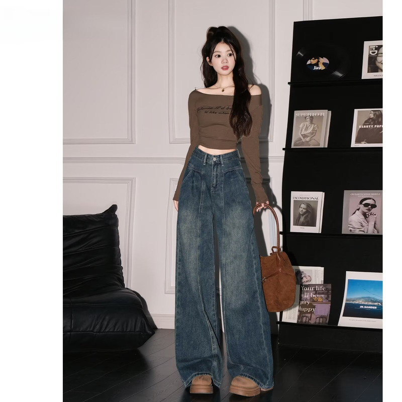 American Retro Blue Jeans for Women, Spring/Summer 2026 New Style, Plus-Size Loose Fit, Slimming High-Waisted Straight Wide-Leg Pants