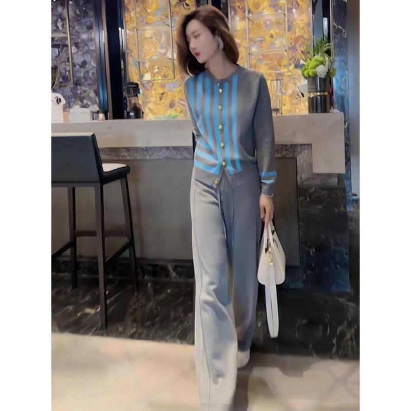 休闲穿搭一整套女春秋季加厚百搭阔腿裤宽松针织打底衫运动两件套|undefined