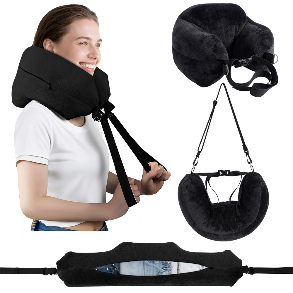 Explosión transfronteriza ajustable tamaño de cuello almacenamiento almohada de viaje con anillo de tracción de mano propio portátil en forma de U funda de almohada