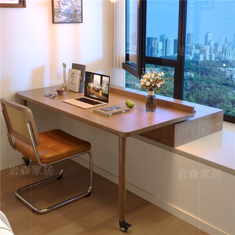 Bay Window Small Table Solid Wood Sliding Desktop with Pulleys Desk Single Person Study Table with Drawer Bay Window Cabinet Computer Table