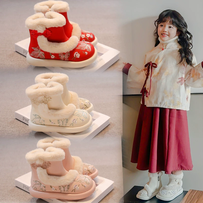 Детские зимние сапоги для девочек 2025 в китайском стиле Ханьфу, на флисовой подкладке, для школьниц, в древнем стиле, сапоги для девочек в китайском стиле