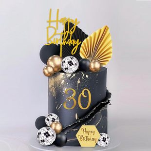 37-Piece Set of Gold and Black Spherical Cake Decorations for Men's Cakes, Disco Balls, Palm Leaves, Numbers