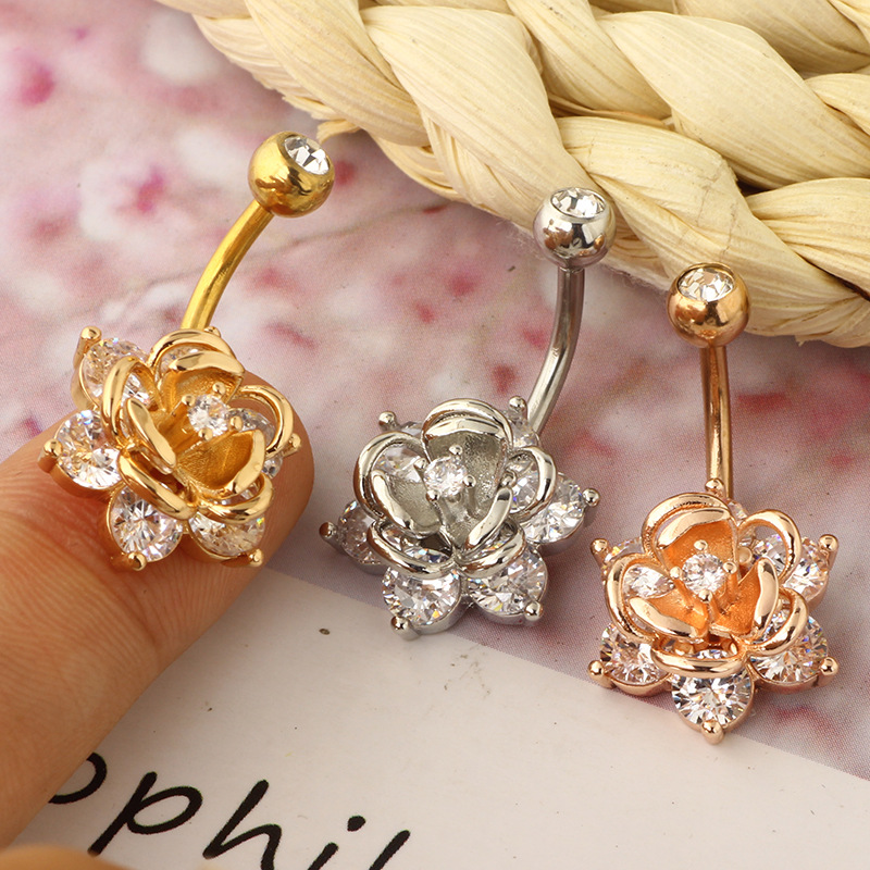 Exquisite Rose Gold Zircon Flower Navel Ring Stainless Steel Belly Button Piercing Jewelry detail image 7