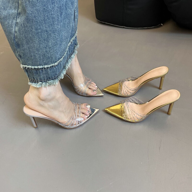 Slim Shiny Rhinestone Outer Wear Silver Transparent High-Heeled Slippers Open-Toe Flip-Flops for Women with Pointed Toes, Sexy Stiletto Heels and Elegant Slim Shiny Rhinestone Outer Wear Silver Transparent High-Heeled Slippers Open-Toe Flip-Flops for Women with Pointed Toes, Sexy Stiletto Heels and Elegant