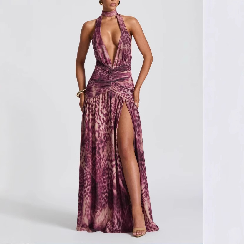 Women's Sexy Halter Neck Bodycon Maxi Dress With Low Back & Thigh Slit | Floral Print Ruffle Detail Lightweight & Flowy Fabric_ecoleips.com