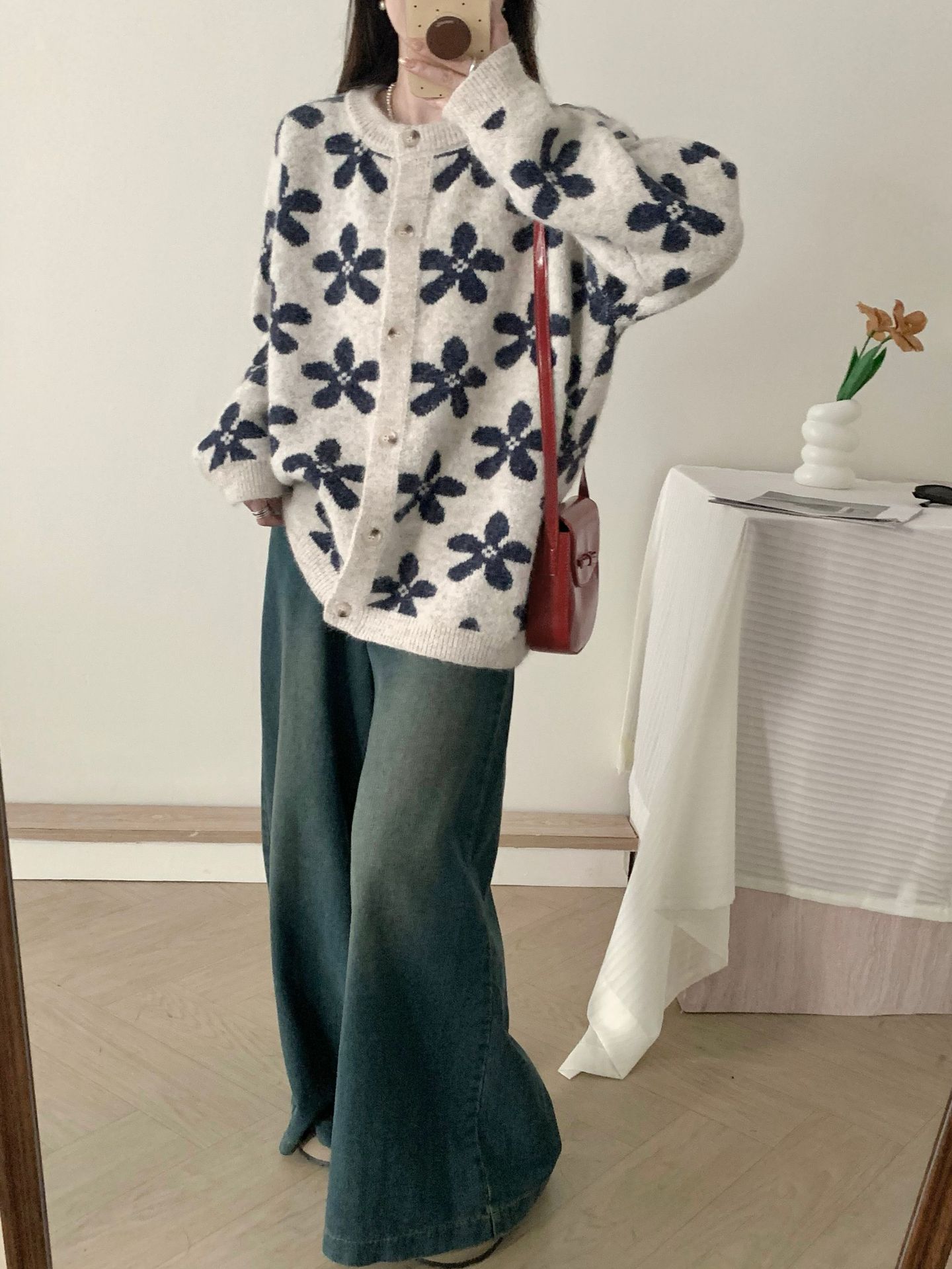 24 Dongpuyuan bk flor retro coreana jacquard cardigan de cuello redondo abrigo 2024