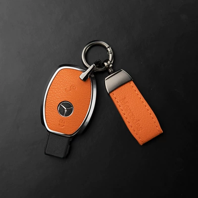Car key bag | Made of Genuine Leather, High-End Shell - mercedes-benz-c-class-2-button-key-fob-original-emblem-pendant-aima-orange