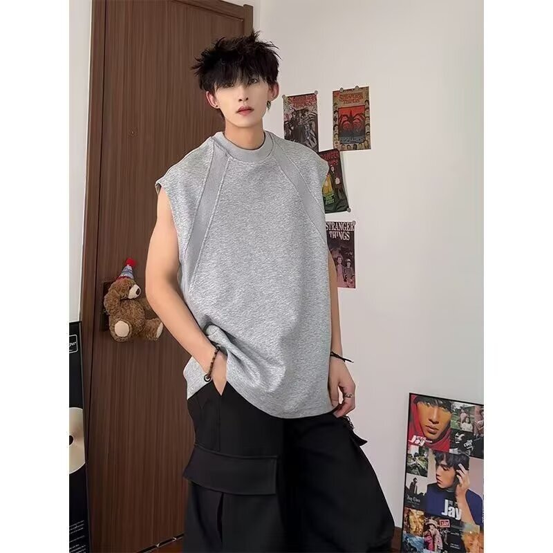 New Space Cotton Breathable American Men's Spliced ​​Vest Sleeveless Summer Solid Color Sports Vest Fitness Top