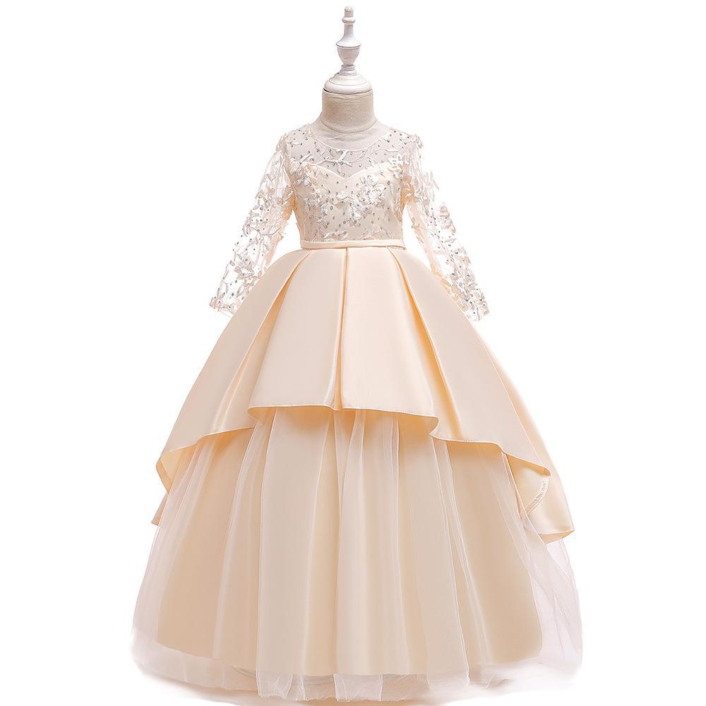 Vestido largo para niños ins vestido de princesa bordado de malla nuevo vestido de novia de manga larga para niñas fregona larga