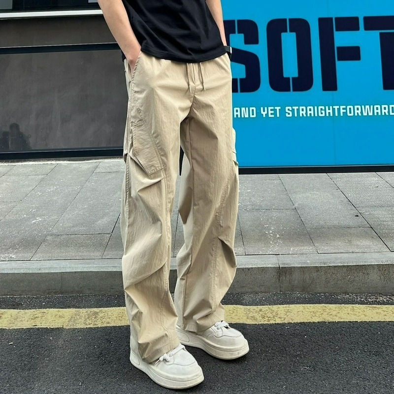 美式褶皱弯刀伞兵裤子男夏季潮牌宽松垂坠感阔腿休闲工装长裤跨境|undefined