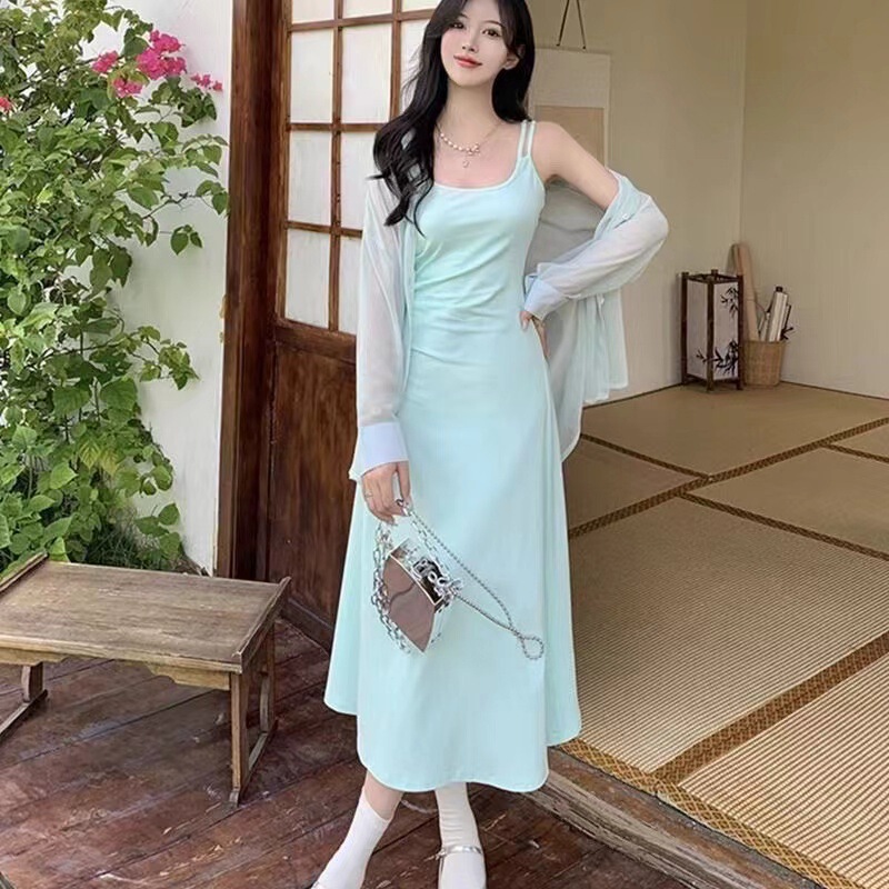 Summer New Korean-style Sweet and Spicy Sling dress Waist Slimming Skirt Dopamine Shirt Two-piece Clothing