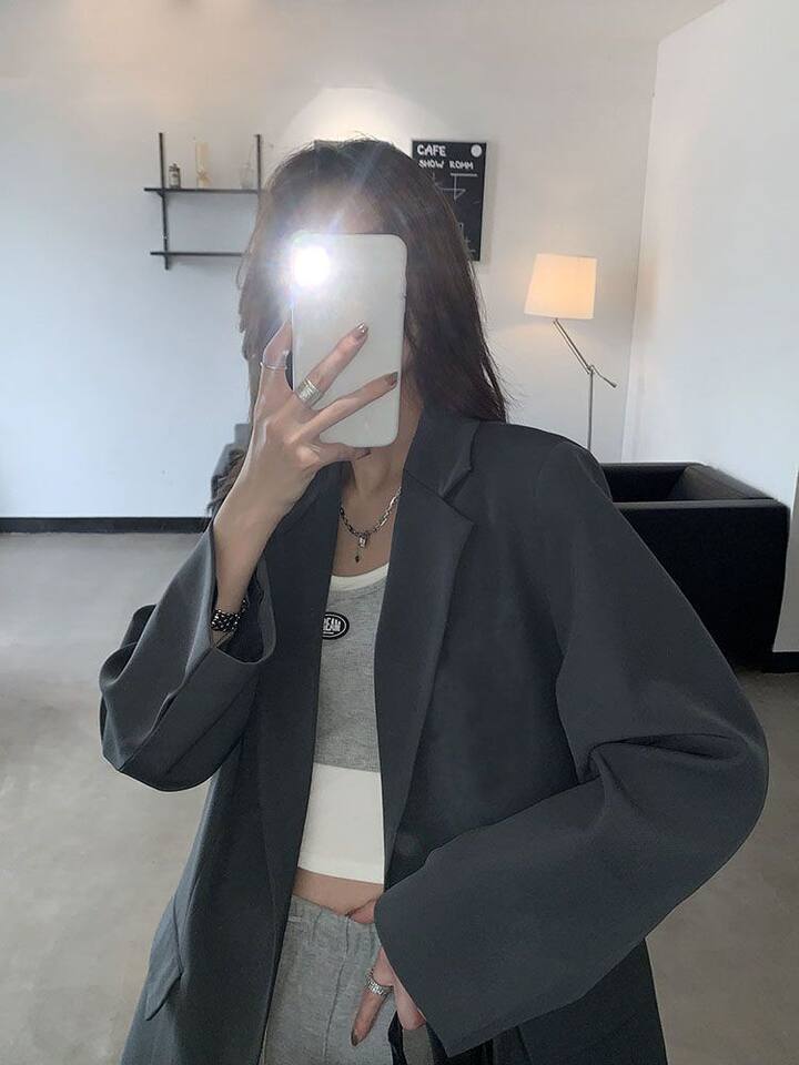 Áo blazer nữ màu xám phong cách Hàn Quốc, áo vest dài tay dáng suông tôn dáng — Màu xám [chất lượng cao] chi tiết 4