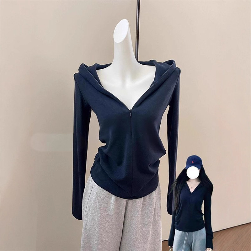 Autumn High-End Simple Waist Slimming Look Jacket for Women Korean Casual Navy Blue V-Neck Zipper Hooded Sweatshirt for Women