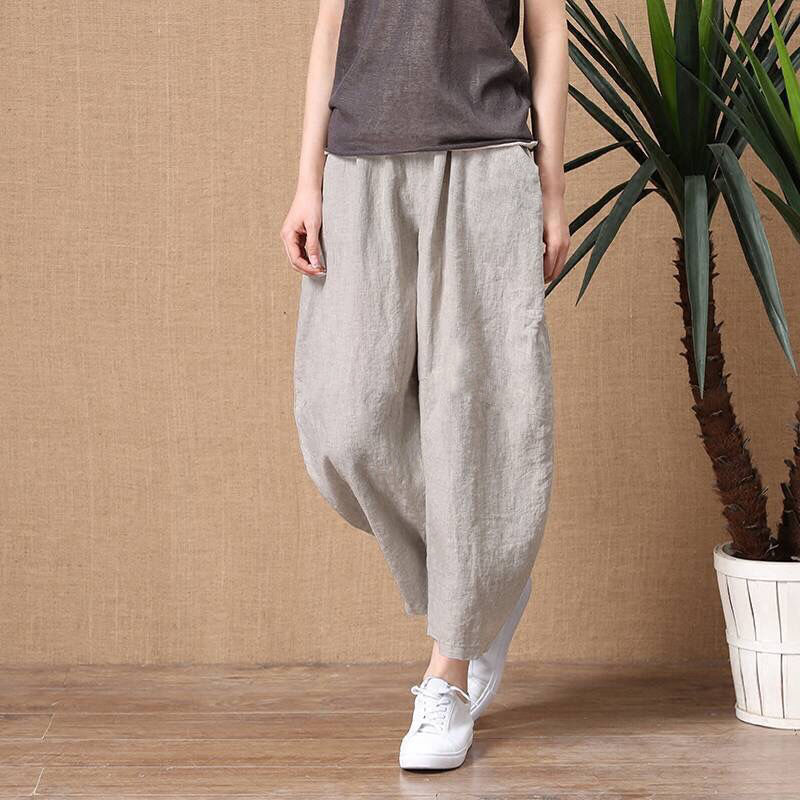 Summer loose breathable thin cropped pants cotton and linen solid color elastic waist women's wide leg pants simple fashion casual pants Summer loose breathable thin cropped pants cotton and linen solid color elastic waist women's wide leg pants simple fashion casual pants