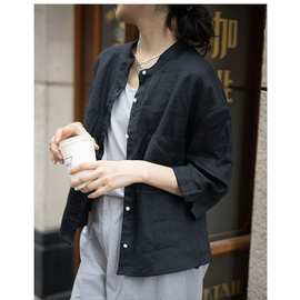 2025秋季新款文艺七分袖黑色简约开门襟短款亚麻衬衫上衣女
